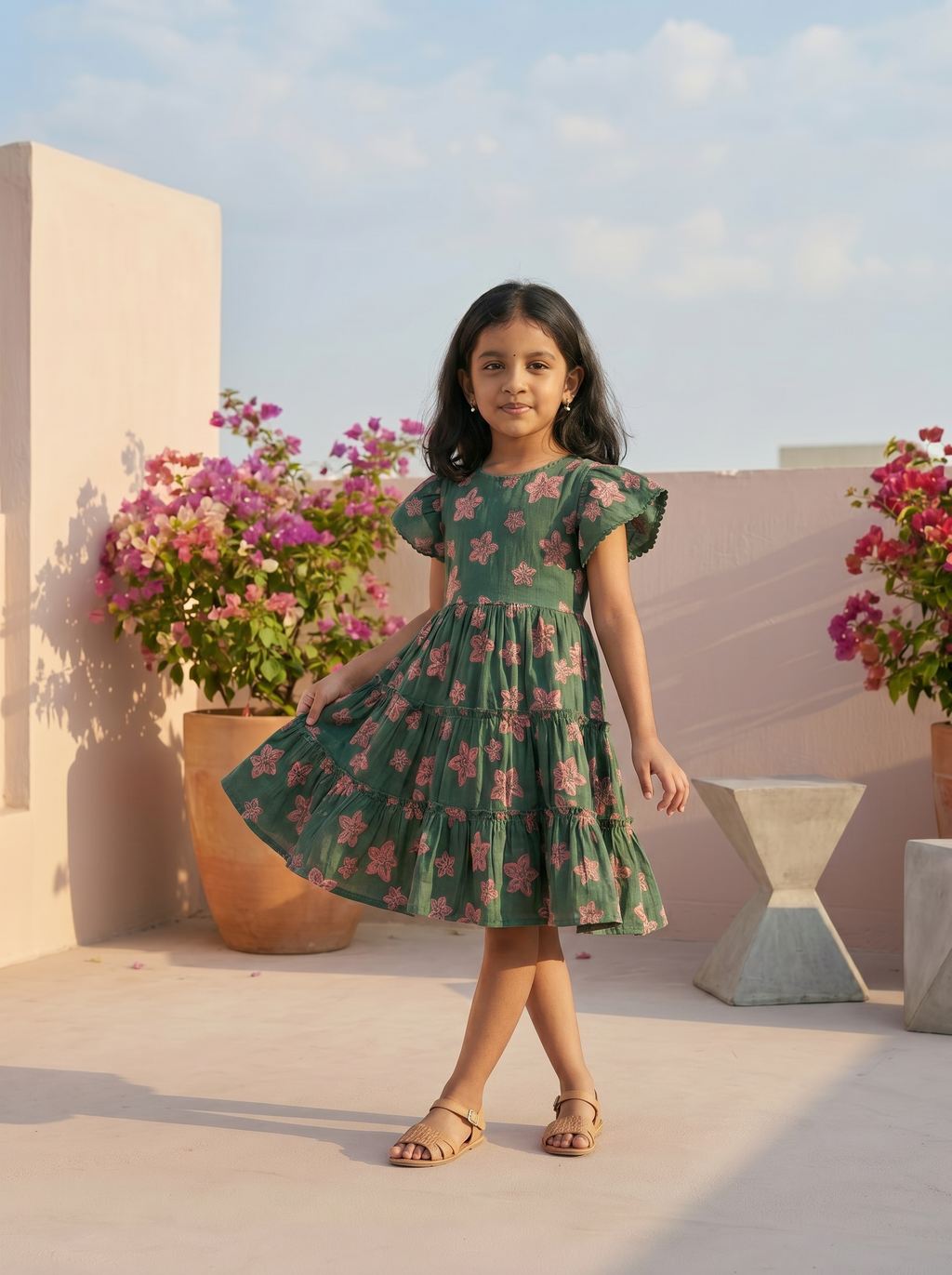 Young girl in a green floral dress standing on a rooftop with pink flowers and a light blue sky.