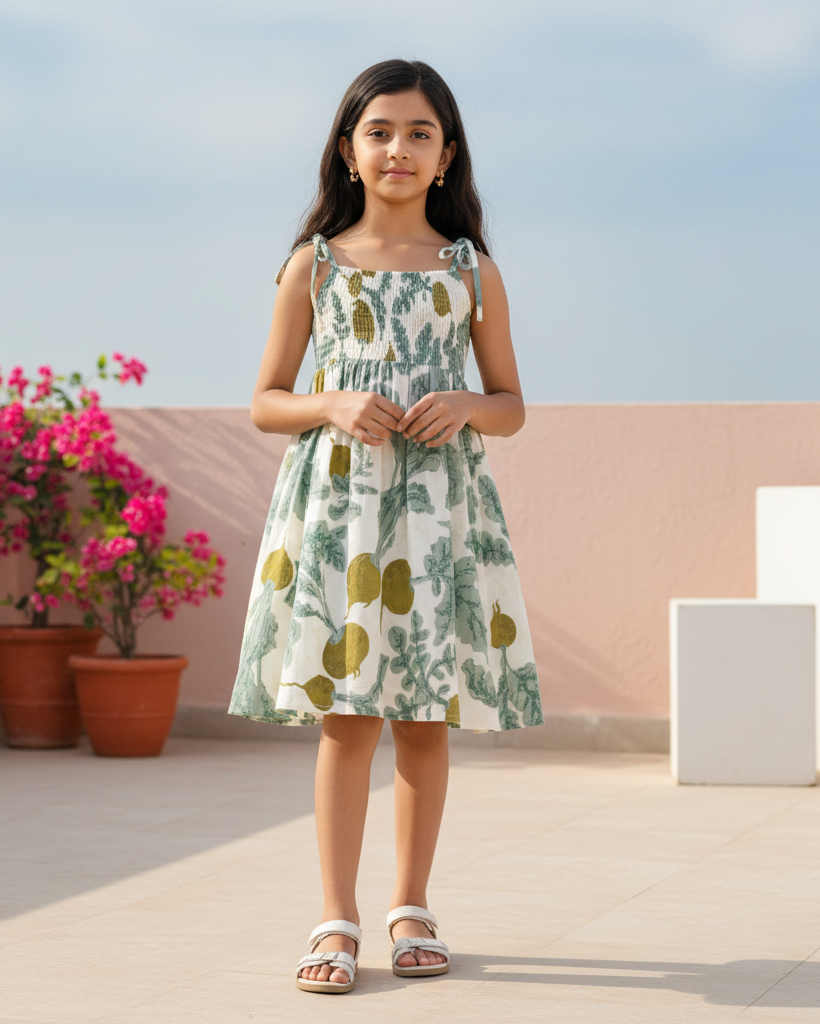 Young girl in a floral dress standing on a rooftop with pink walls and plants.