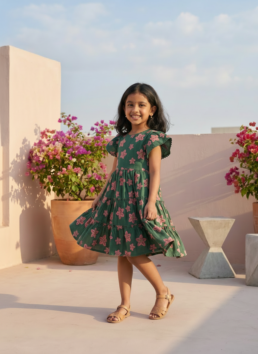 Young girl in a green floral dress standing on a rooftop with flowers in the background